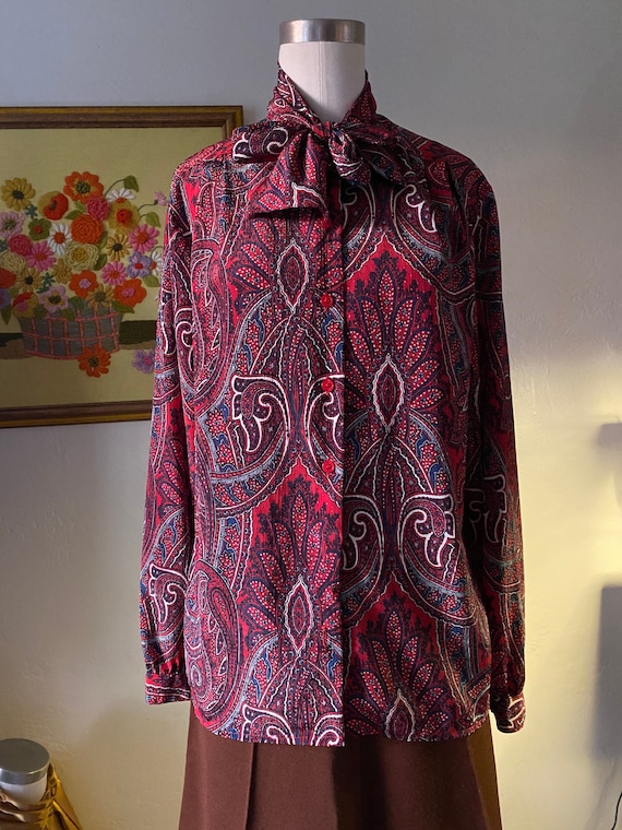 Vintage 70s Fall Tie Front Long Sleeve Paisley Bl… - image 2