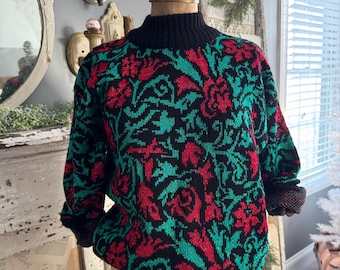 Vintage 80s Lurex Oversized Holiday Sweater; 80s Metallic Oversized Sweater with Mockneck Collar Abstract Print; 80s Ugly Christmas Sweater