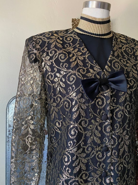 Vintage 80s Baroque Evening Blouse Black and Meta… - image 2