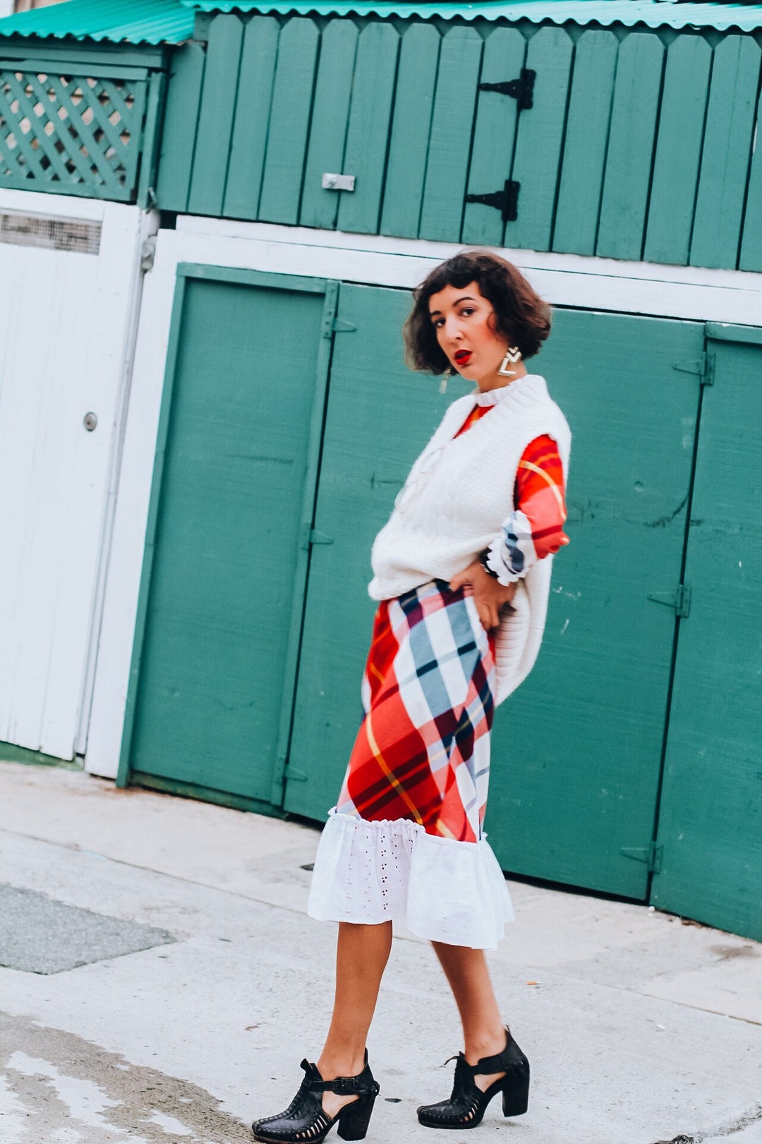 Vintage 70s Buffalo Plaid Cotton Bib Maxi Dress With Cute Lace