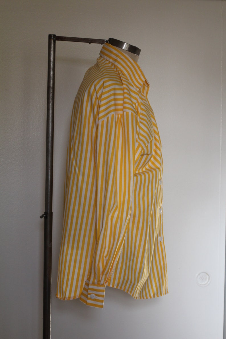 80s Bold Yellow and White Vertical Striped Long Sleeve Blouse; Amazing Collar Detail and Bold White Buttons From Neckline to Waistline
