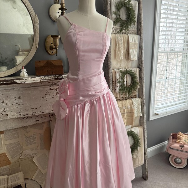 Vintage 80s Satin Pink Asymetrical Gothic Prom Dress Spaghetti Strap Ruffled Tulle Taffeta Skirt; 90s Mermaid Spring Cocktail Cupcake Dress