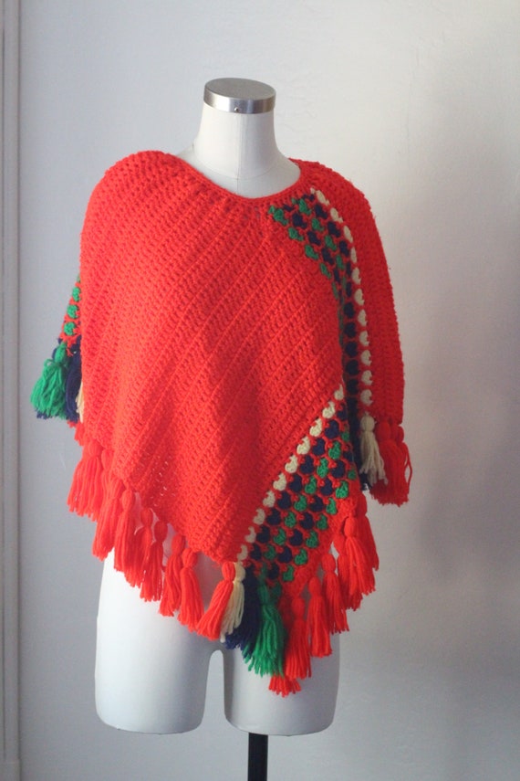 Vintage Knit Poncho 70s Handmade Red, Green, Navy… - image 4