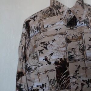 Vintage 70s Inspired Button Down Blouse with Pheasant and Dog Pattern Men's Hunting Scene Blouse image 5