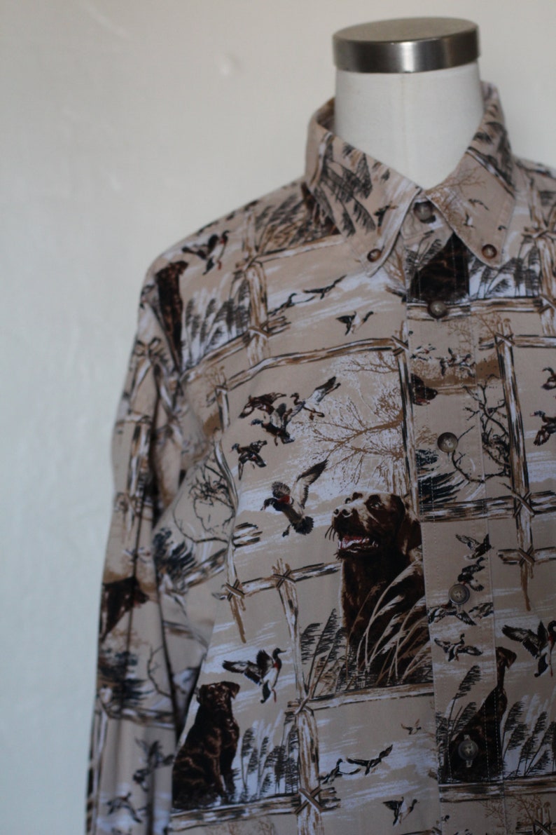 Vintage 70s Inspired Button Down Blouse with Pheasant and Dog Pattern Men's Hunting Scene Blouse image 5