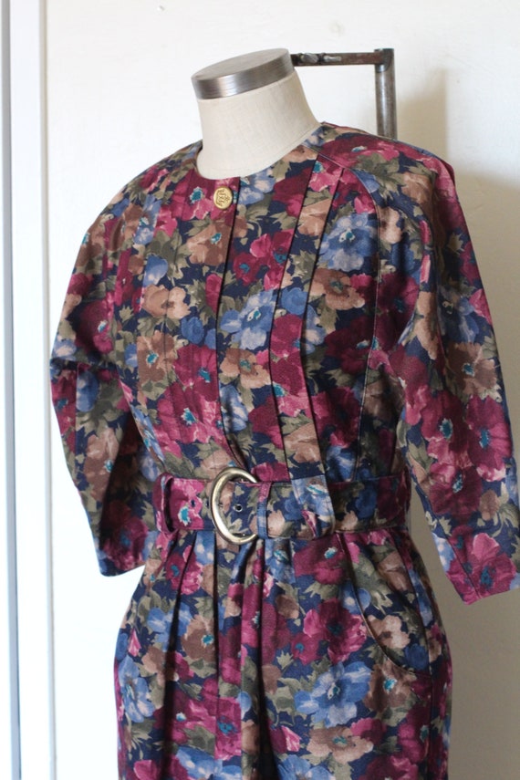 70s Vintage Quarter Sleeve Dark Floral Dress; Belt