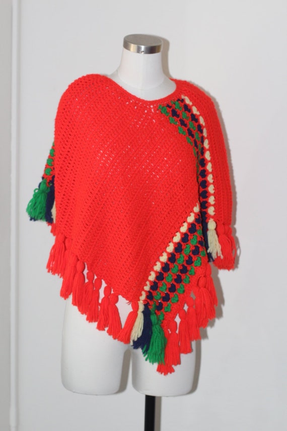Vintage Knit Poncho 70s Handmade Red, Green, Navy… - image 2