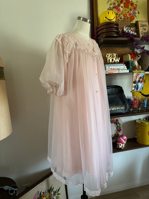 Vintage 60s Sweet Pink Peignoir Set Sheer Mini Dr… - image 9