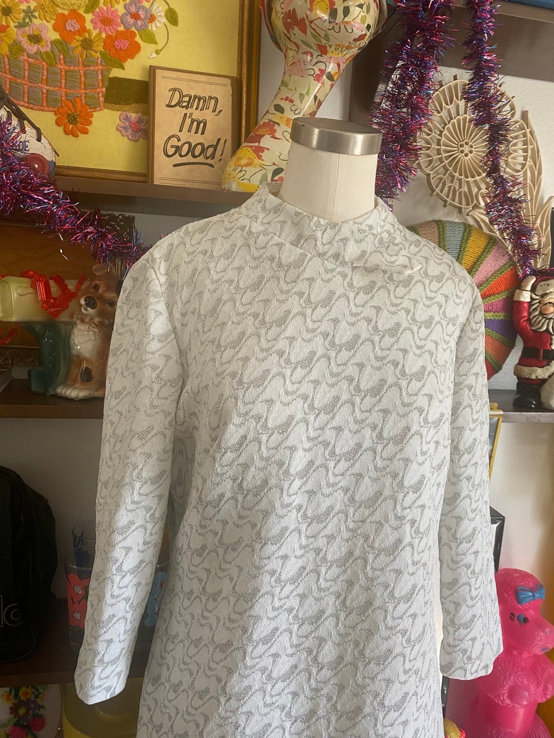 Vintage 60s Holiday Brocade Silver Tinsel Shift Dress 3/4 Etsy