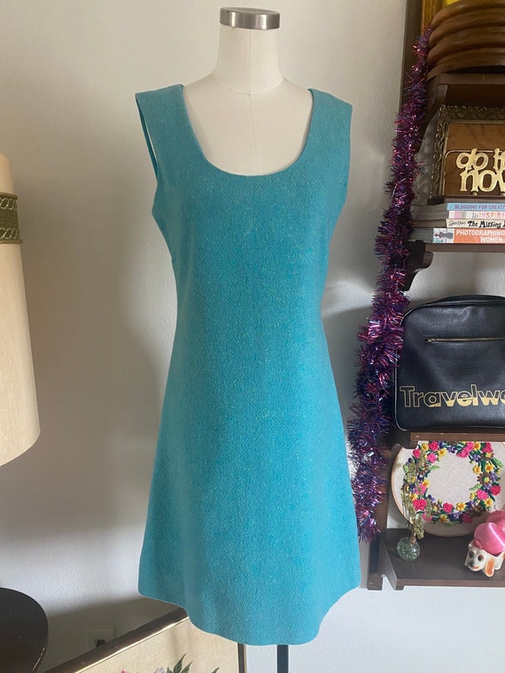 Vintage 60s Mod Mini Wool Speckled Dress in Teal a