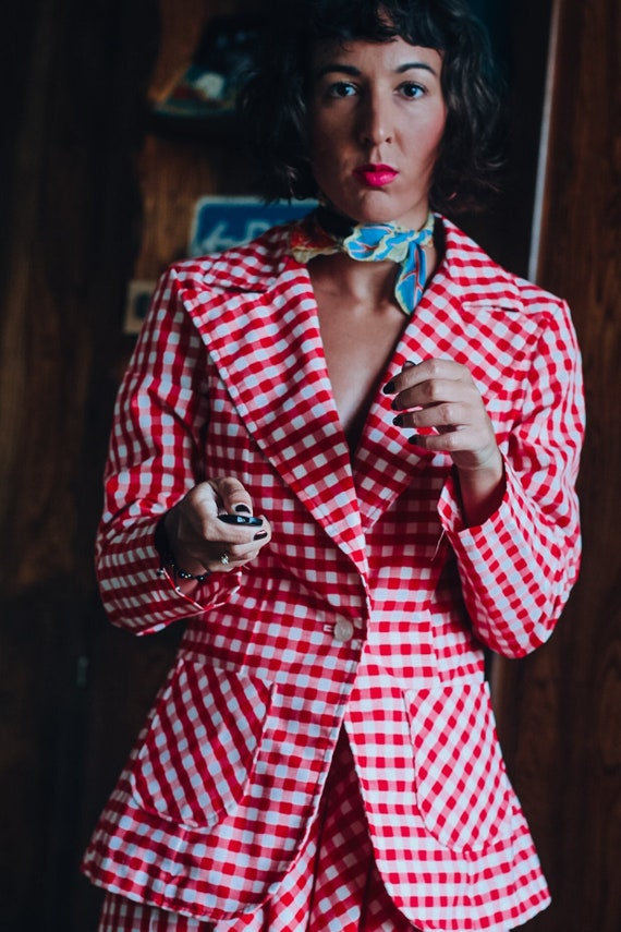 60s Gingham Matching Set with Fitted Blazer and Mi