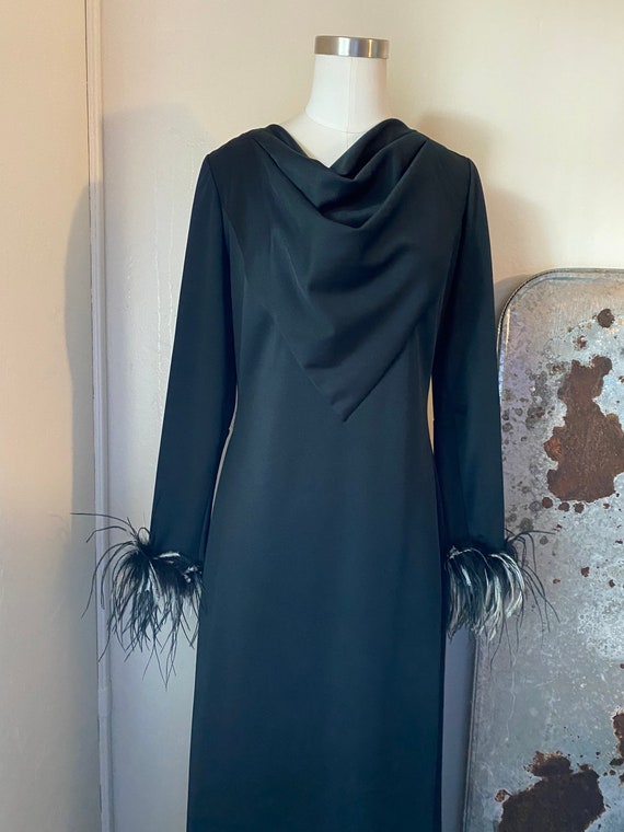 Vintage 60s Polyester Black Maxi Dress with Ostri… - image 6