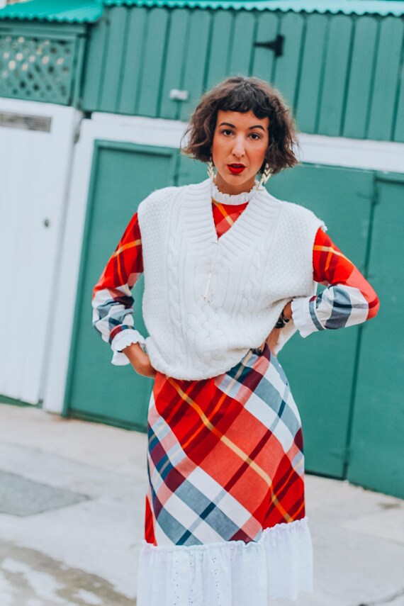 Buy Vintage 70s Buffalo Plaid Cotton Bib Maxi Dress With Cute Lace Trim;  60s Holiday Christmas Handmade Plaid Midi Dress With Mockneck Collar M  Online in India - Etsy