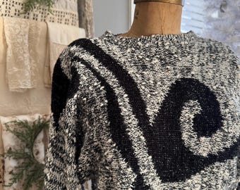 Vintage 80s Lurex Oversized Holiday Sweater; 80s Metallic Oversized Sweater Black White Marled Abstract Print; 80s Ugly Christmas Sweater