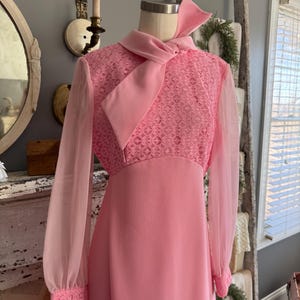 Vintage 60s Mod Maci Bright Pink Dress in Chiffon and Lace with Matching Longline Vest; 60s Spring Pastel Floral Hostess Dress with Coat M