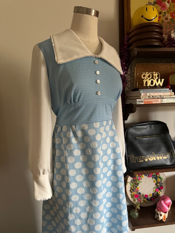 Vintage 60s Mod Geometric Blue Maxi Dress with Polka Dot and Circle Print; 70s Funky Bright Blue Polyester Long Sleeve Maxi Wingtip Collar S Vintage 60s Mod Geometric Blue Maxi Dress with Polka Dot and Circle Print; 70s Funky Bright Blue Polyester Long Sleeve Maxi Wingtip Collar S