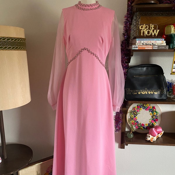 Vintage 60s Mod Bejeweled Light Pink Spring Maxi Dress with Sheer Long Sleeves and Mandarin Collar;  60s Pink Hostess Cocktail Maxi Dress L