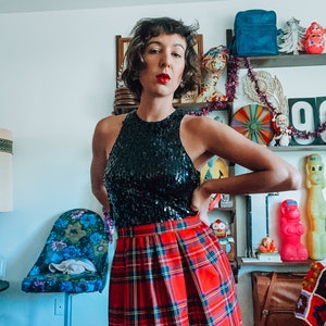 70er Jahre Vintage Pendleton Inspirierter Rock Hohe Taille in Rot, Schwarz und Gelb kariert; 80er Jahre Jubiläum Jubiläums Jubiläums Wolle Rock