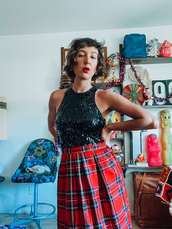 70s Vintage Pendleton Inspired Skirt High Waisted in Red Black and Yellow Plaid 80s Wool Charter Club Holiday Christmas Skirt
