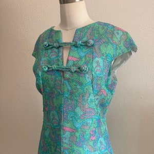 Vintage 60s Mod Abstract Pastel Bold Floral Maxi Dress Frog Closures;  60s Hawaiian Embossed Flower Power Midi Dress with Cap Sleeves L