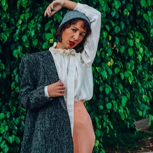 Vintage 70s 80s Tweed Wool Double Breasted Suit Blazer with Wide Wide Lapel;  80s Oversized Black Based Fall Blazer Jacket 38R