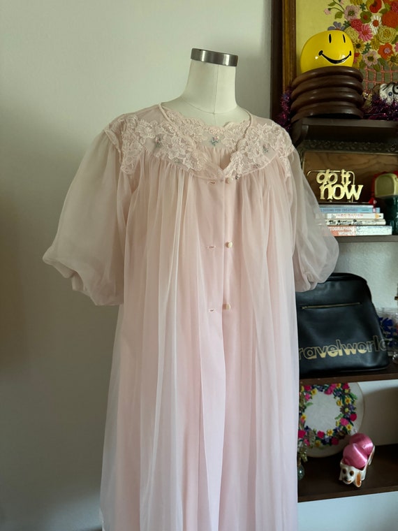 Vintage 60s Sweet Pink Peignoir Set Sheer Mini Dr… - image 10