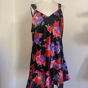 Vintage 90s Black Floral Nightie Tank Dress with Asymetrical Ruffle Hem;  90s Satin Slip Dress Feminine Floral Nightgown
