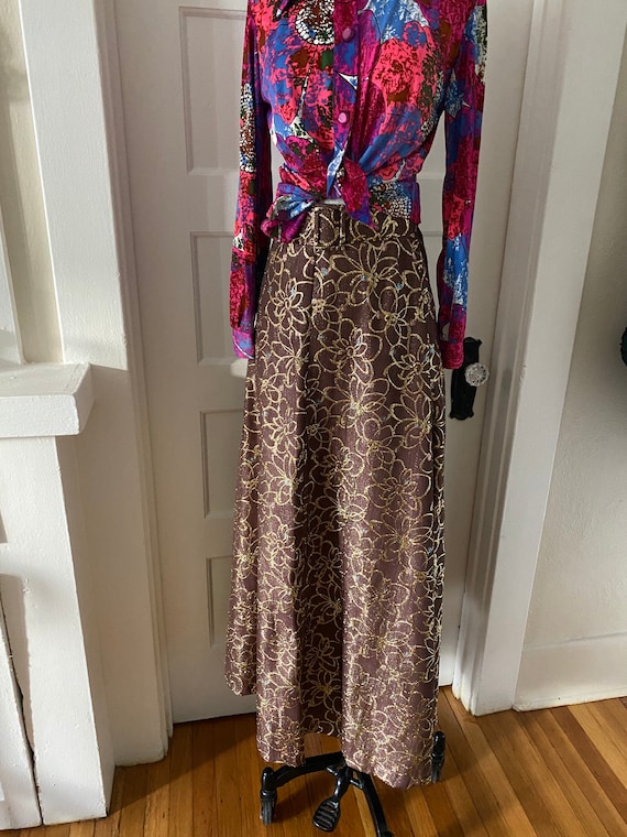 Vintage 70s Metallic Daisy Lurex Belted Maxi Skir… - image 2