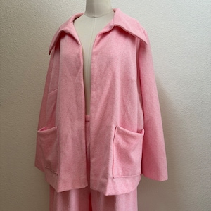 Vintage 60s Bold Bubble Gum Grid Bright Pink Mod Polyester Matching Set Blazer & Flared Pants; 60s Coordinating Set; 60s Retro Pantsuit M L