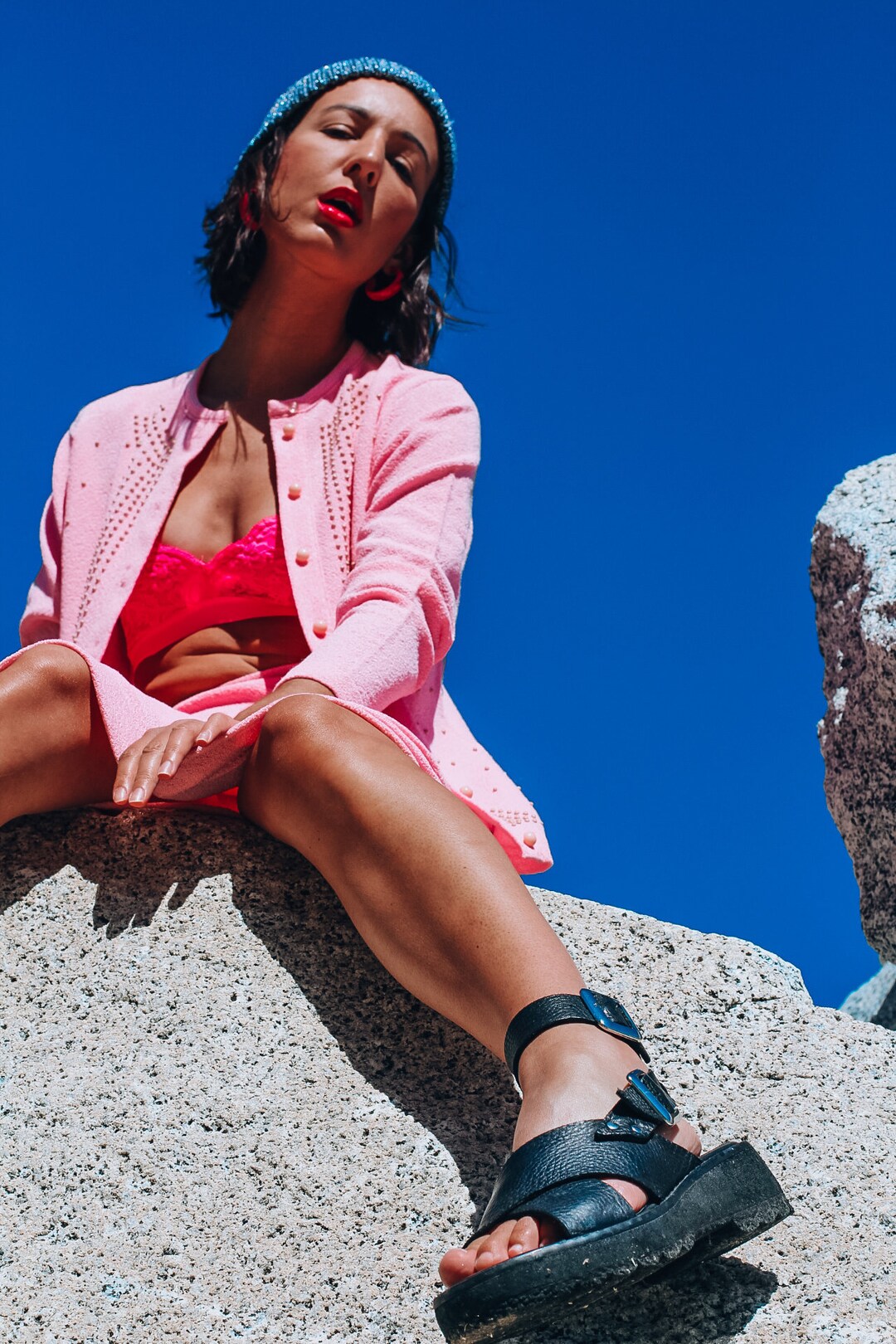 Vintage 60s Mod Bright Pink Matching Set With Pink Polka Dot Beading