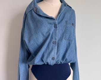Vintage 80s Hang Ten Denim Bodysuit Shirt Made in USA; Blue Jean Button Down Long Sleeve 80s 90s Western Chambray Dancer One Piece
