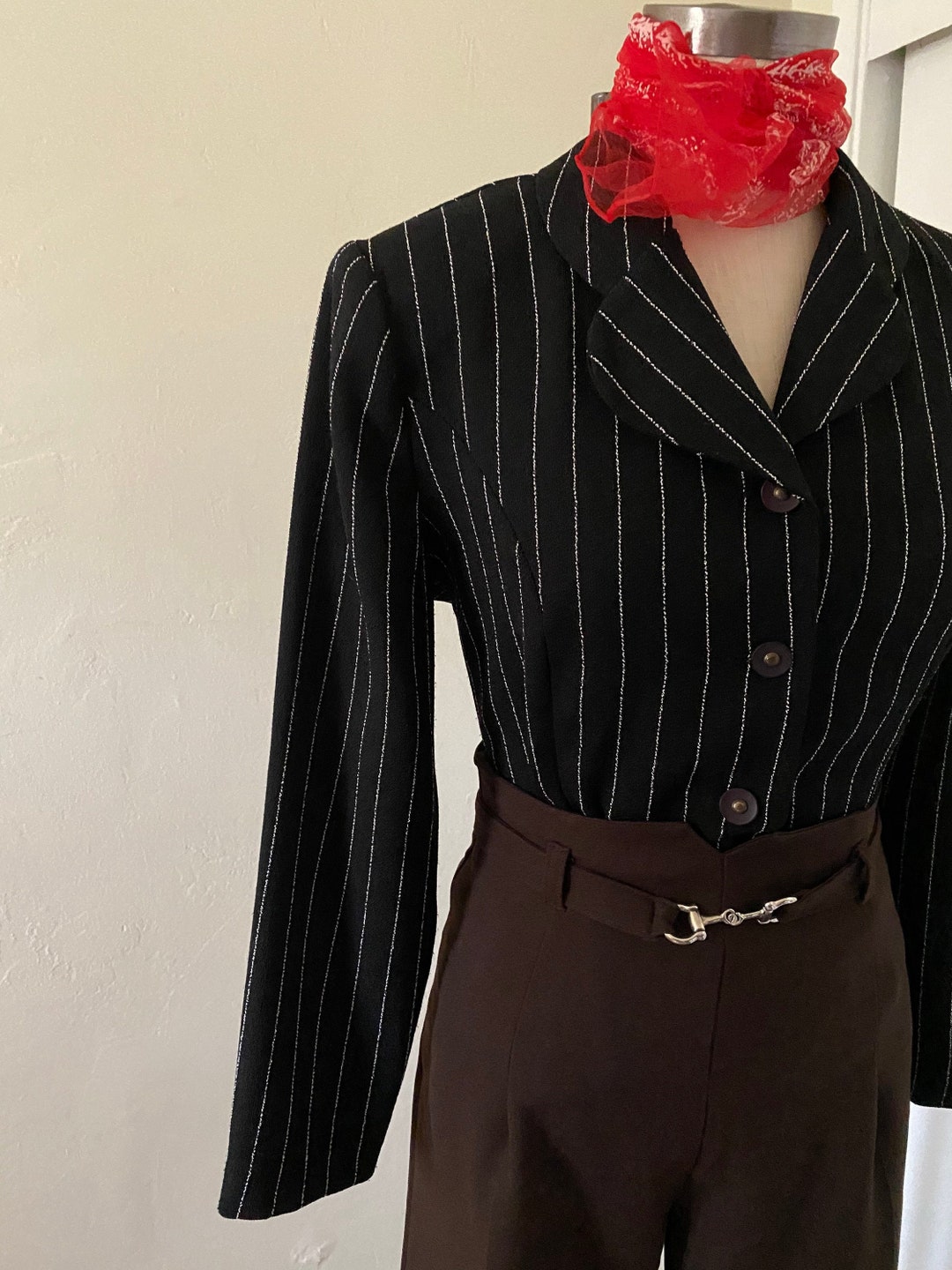 Vintage 80s Vertical Striped Cropped Polyester Blazer 70s Black and ...