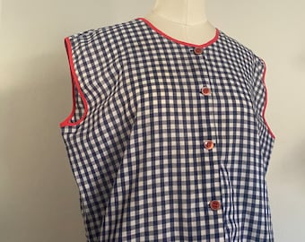 Vintage 70s Apron Tank Cotton Gingham Blouse; Red, Blue, and White Gingham Summer Blouse with Cute Front Pockets XL, 70s Button Up Blouse