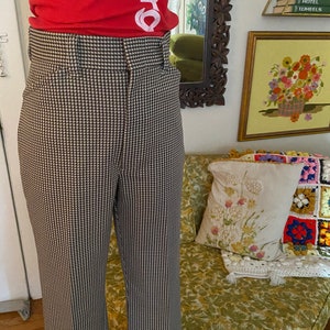 Vintage 70s High Waisted Brown, Yellow, and White Houndstooth Pants Wide Flare 70s Unisex Bell Bottoms Polyester Pants with Checkered Print image 8