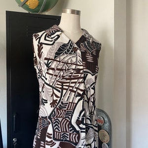 Vintage 60s Psychedelic Abstract Tikki Tank Dress Blouse with Palm Tree Leaves; 70s Tikki Novelty Tank Dress with Geometric Prints M L