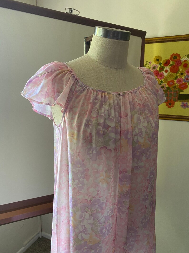 Vintage 90s Pastel Floral Nightie Tank Dress with Flutter Sleeves; 90s Satin Slip Dress Feminine Floral Nightgown