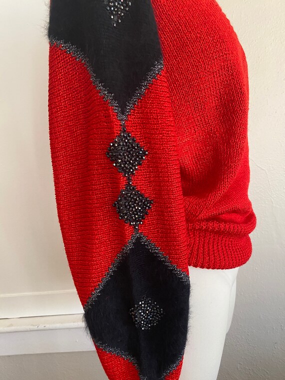 Vintage 80s Oversized Holiday Red  Knit Lurex Swe… - image 5