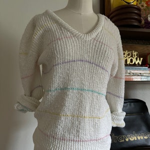 Vintage 80s Mod Spring Pastel Bold Striped Cropped Sweater with V Neck; 80s Ribbed Striped Textured  Femeinine Easer Sweater XS