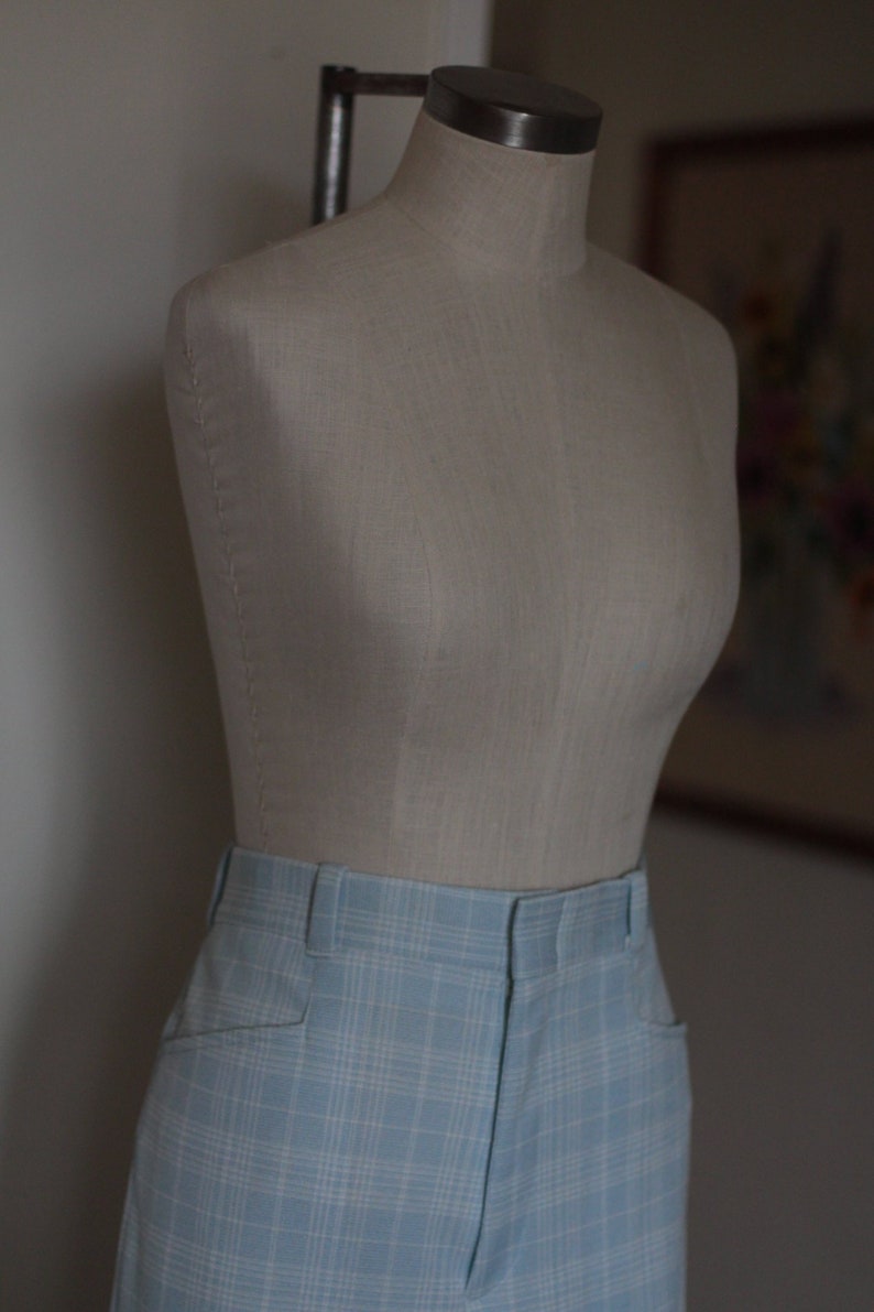 70s Vintage High Waisted Plaid Trousers; Wide Leg Polyester Pants; Vintage Light Blue and White Plaid Trousers