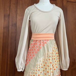 Vintage 60s Mod Daisy Floral Hostess Dress with Solid Blouse and Peach Belt; 70s Spring Pastel A-Line Floral Stripe Maxi Dress
