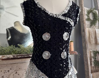 Vintage 80s Black Silver Mirro Sequined Disco Costume Jumpsuit Burning Man; 80s NYE Party Unitard/Jumpsuit Silver Polka Dots Harem Pants