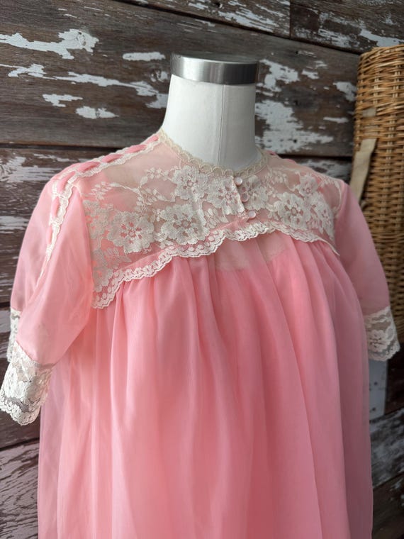 Vintage 60s Sweet Pink Peignoir Set Sheer Mini Dress Matching Robe; 1960s Valentine's Day Lace Nylon Nightgown Ruffled Collar, 60s Negligee