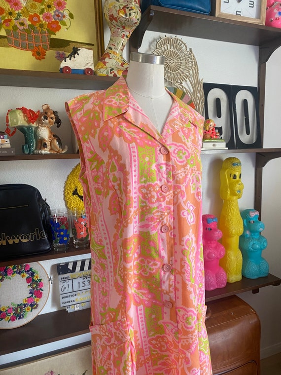 Vintage 60s Psychedelic Day Glo Daisy Dropwaist S… - image 1