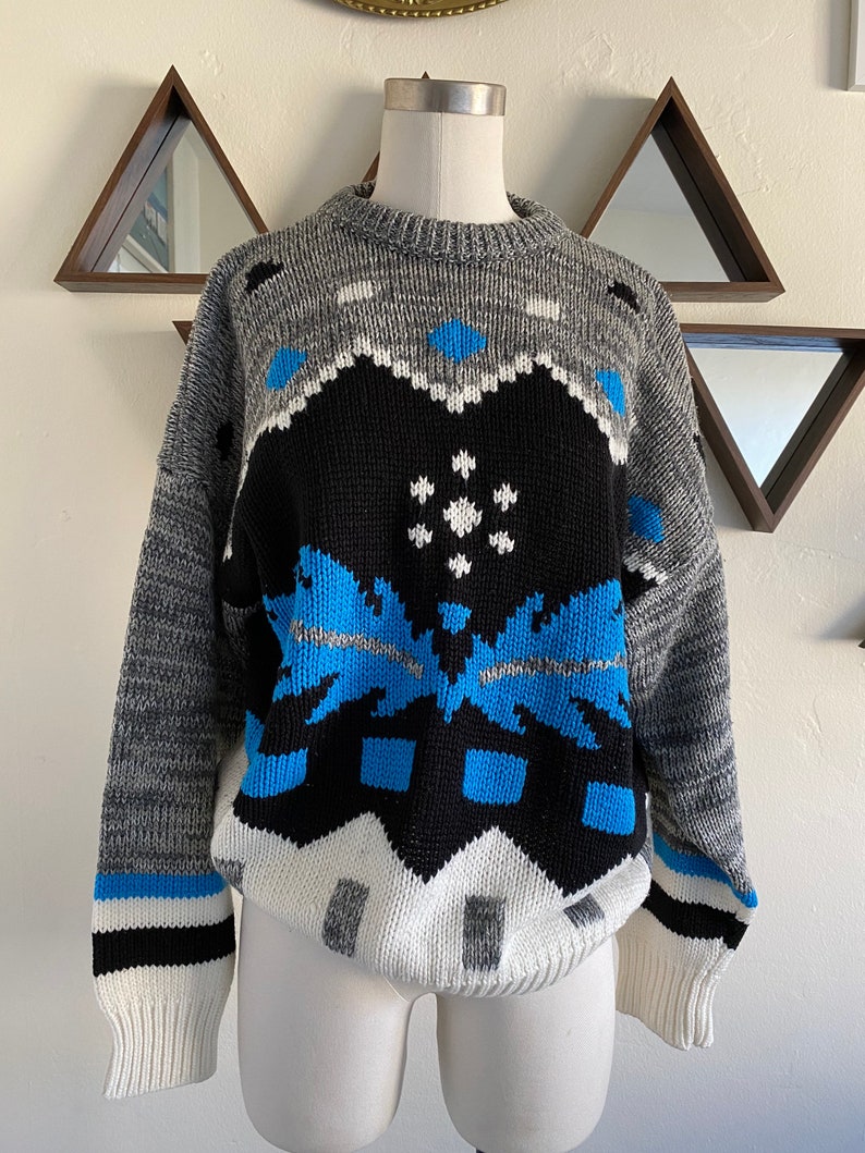 Vintage 80s Oversized Geometric Tribal Marled Sweater 80s Chunky Knit Crewneck Sweater with Geometric Print image 1