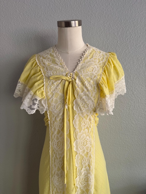 Vintage 60s Hostess Feminine Butter Yellow Lace Floral Empire Maxi Dress; 70s Cotton Ditsy Polka Dot Hostess Dress; 60s Lace Flutter Sleeve Vintage 60s Hostess Feminine Butter Yellow Lace Floral Empire Maxi Dress; 70s Cotton Ditsy Polka Dot Hostess Dress; 60s Lace Flutter Sleeve