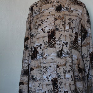 Vintage 70s Inspired Button Down Blouse with Pheasant and Dog Pattern Men's Hunting Scene Blouse image 3