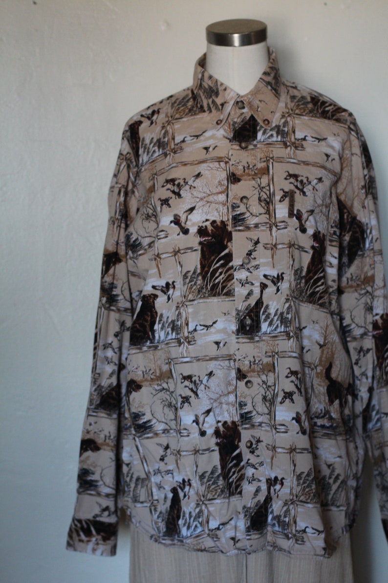 Vintage 70s Inspired Button Down Blouse with Pheasant and Dog Pattern Men's Hunting Scene Blouse image 3