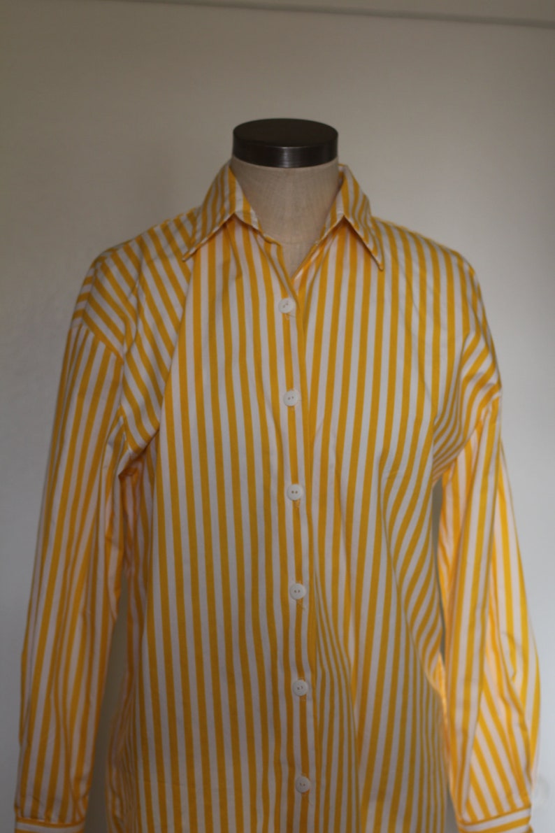 80s Bold Yellow and White Vertical Striped Long Sleeve Blouse; Amazing Collar Detail and Bold White Buttons From Neckline to Waistline