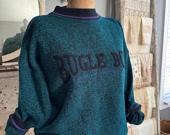 Vintage 90s Oversized Knit Bugle Boy Sweater; 80s Speckled Knit Geometric Colorblocking Long Sleeve Ribbed Varsity Stripe Crewneck Sweater M