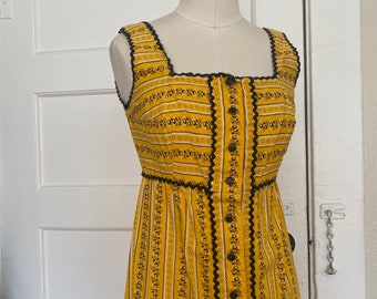 Vintage 60s Lanz Yellow Tank Dress with Ditsy Floral Design and Ric Rac Trank; 70s Sleeveless Empire Waistline Dress with Black Button Front